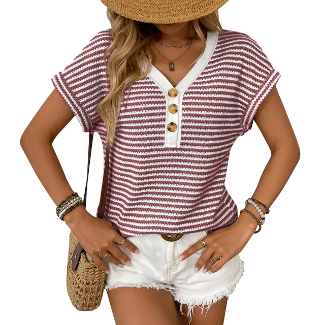 Summer V neck Short Sleeve Knitted T shirt Patchwork Button Pullover Top Wine - Shop at LoveMi