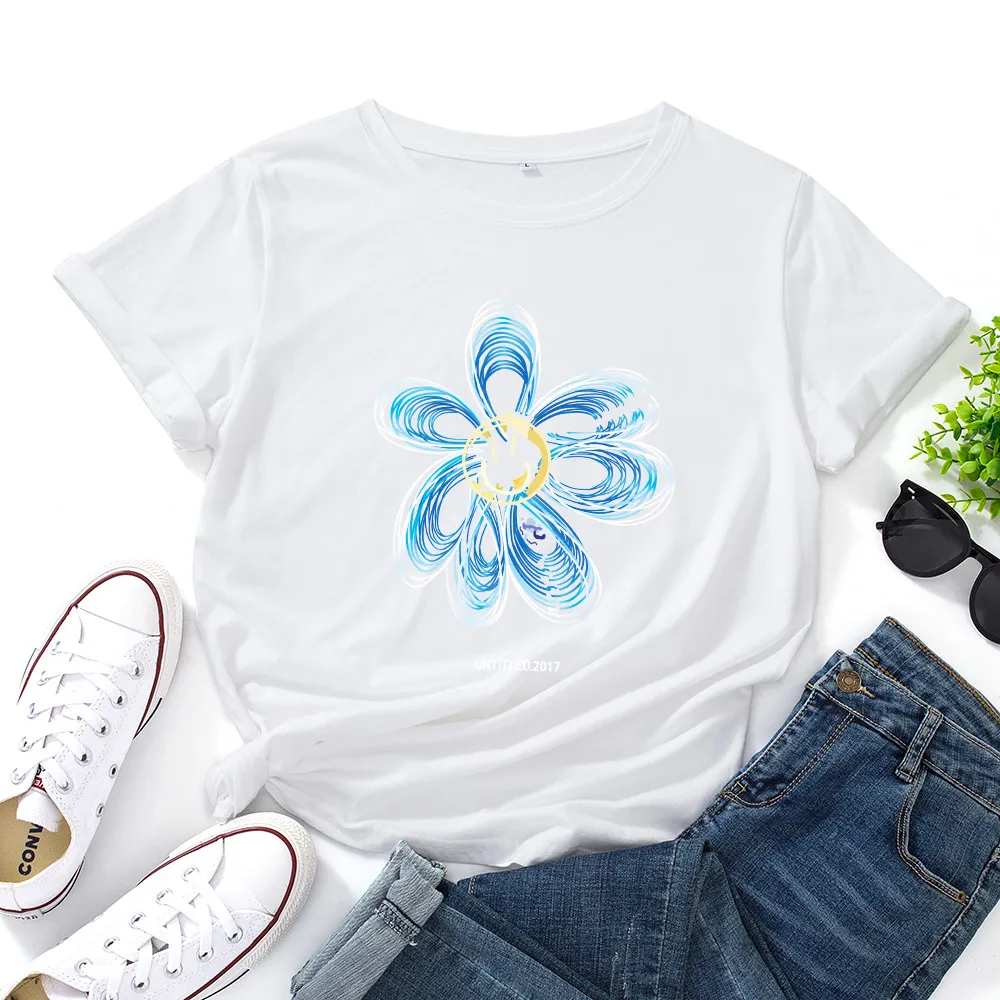 European And American Cotton Loose Round Neck Creative Flower Short Sleeve - White