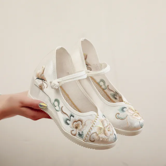 New Height Increasing Insole Round Toe Embroidered Shoes Red - Shop at LoveMi