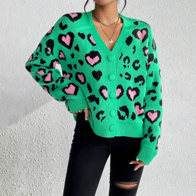 Women's Colorful Leopard Jacquard Knitted Sweater Coat Leopard - Shop at LoveMi