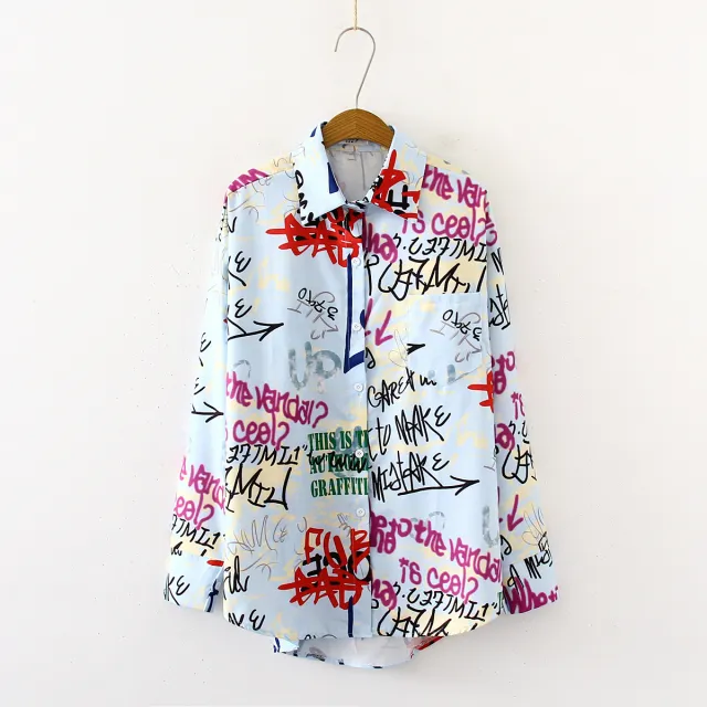 Personalized Graffiti Hawaii Flower Shirt Spring And Autumn Long BF Loose Mid length Shirt Blue Graffiti - Shop at LoveMi