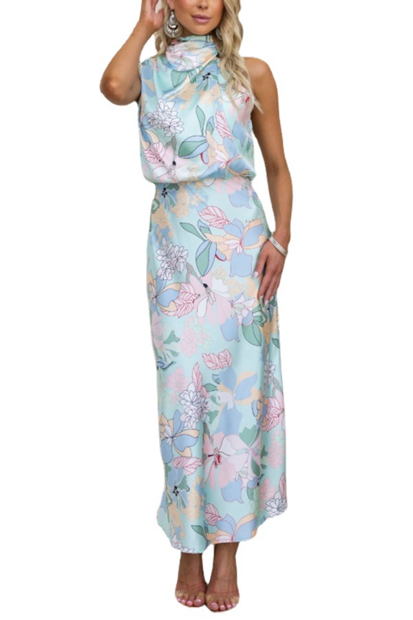 Women's Sleeveless Strap Printing Satin Dress