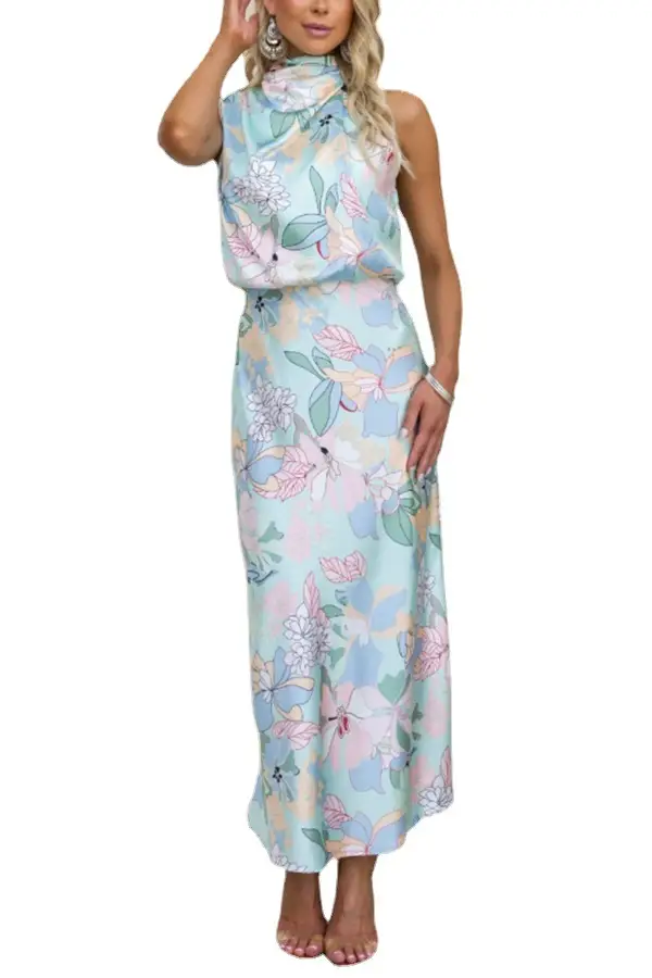 Women's Sleeveless Strap Printing Satin Dress
