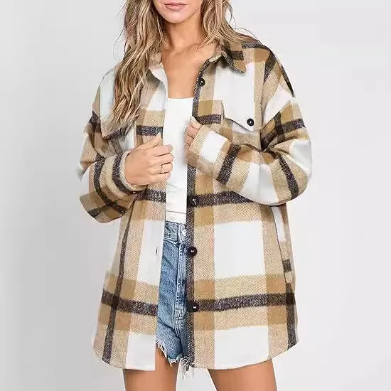 Women's Plaid Buckle Jacket Casual Fashion Long Sleeve Coat - Brown