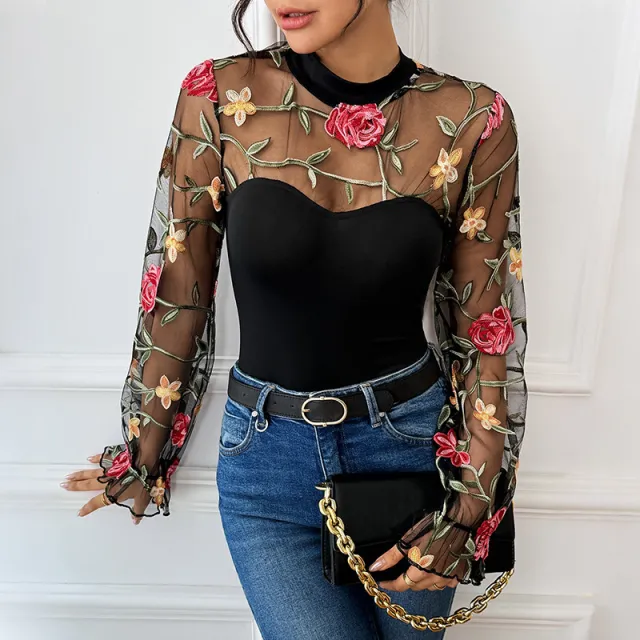 Lace Patchwork See through Embroidery Long sleeve High neck Jumpsuit For Women Black - Shop at LoveMi
