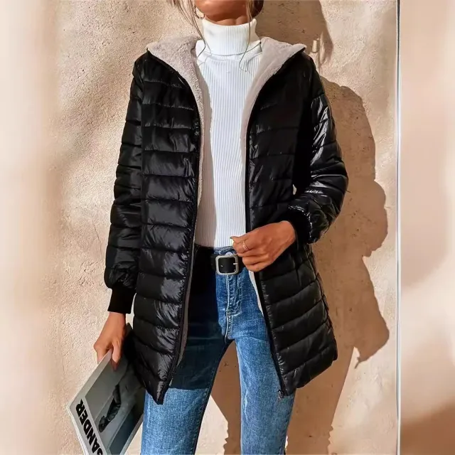 Mid length Loose Hooded Fleece lined Quilted Cotton Jacket Black - Shop at LoveMi