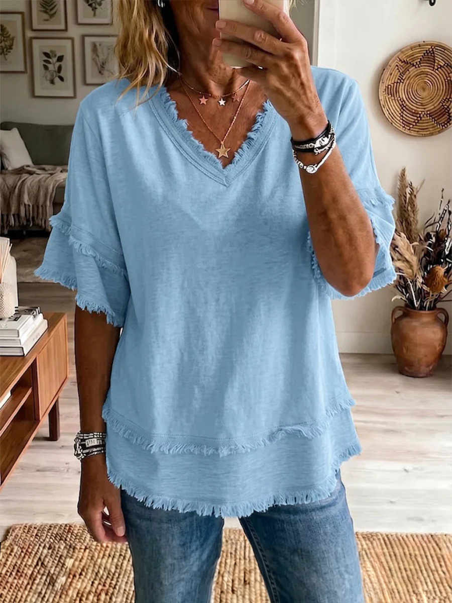 Women's V-Neck Pullover Short-Sleeve Loose Shirt 7