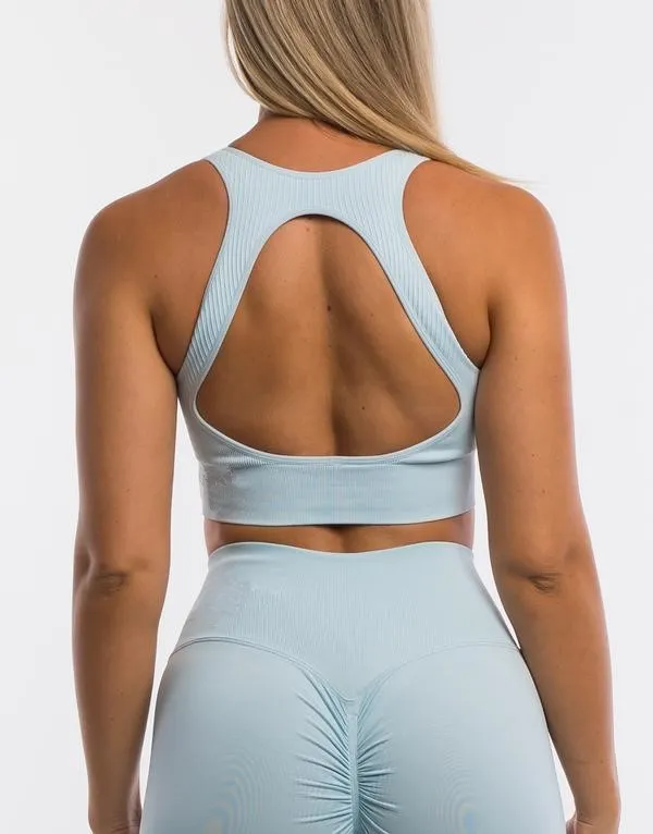 Hip Pleated Hanging Accessories Design Hip shrinking Ankle length Pants Back Large Hollow out Seamless Brassiere Suit Light Blue Bra - Shop at LoveMi