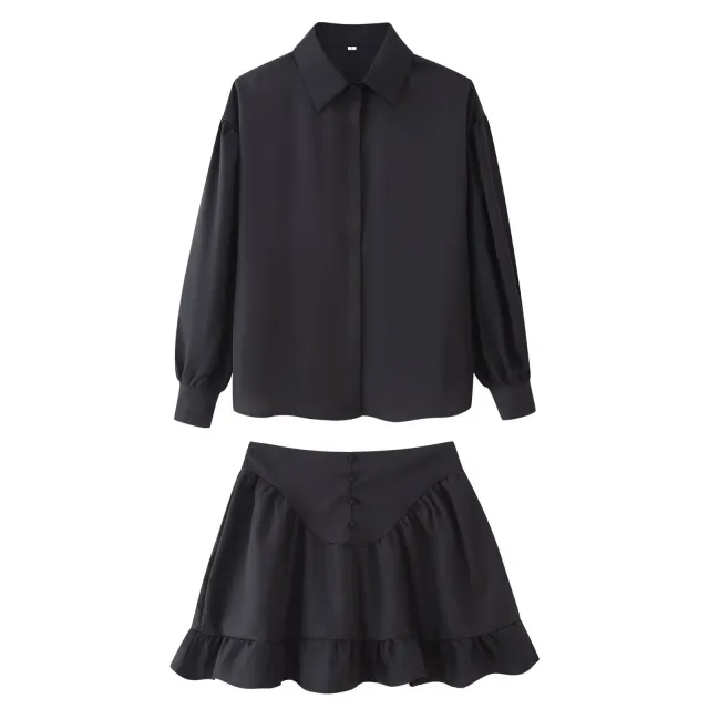 Women's Fashion Simple Lapel Shirt And Flared Skirt Set Black Gray - Shop at LoveMi