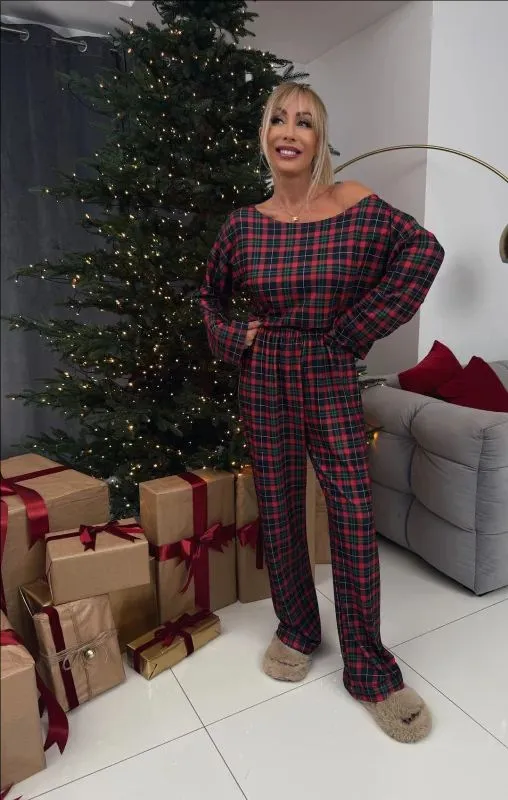 Home Wear Fashion Long Sleeve Trousers Pajamas Suit - Plaid-L