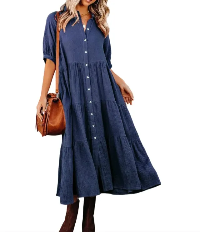 Women's Long Sleeve Button Dress Casual Dress Blue - Shop at LoveMi