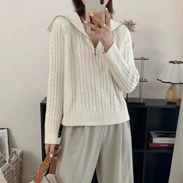 Lapel Half Zipper Cable knit Pullover Sweater For Women Beige - Shop at LoveMi