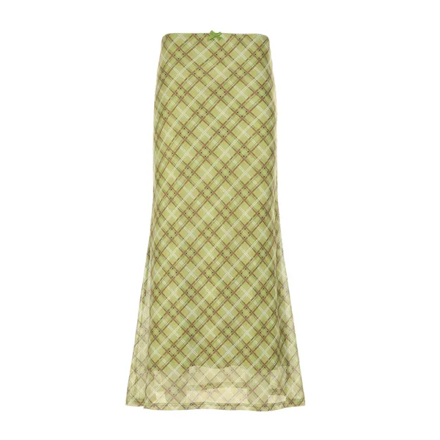 Green Plaid Contrasting Slim Fit Skirt Green - Shop at LoveMi
