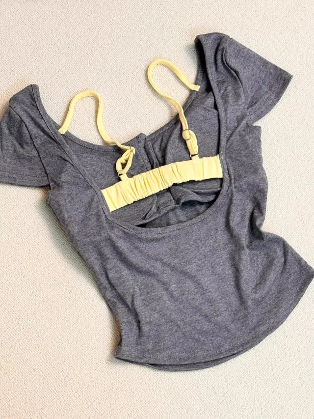 Pure Desire Floral Square Collar Shoulder Short sleeved T shirt Women's Summer With Chest Pad Gray - Shop at LoveMi
