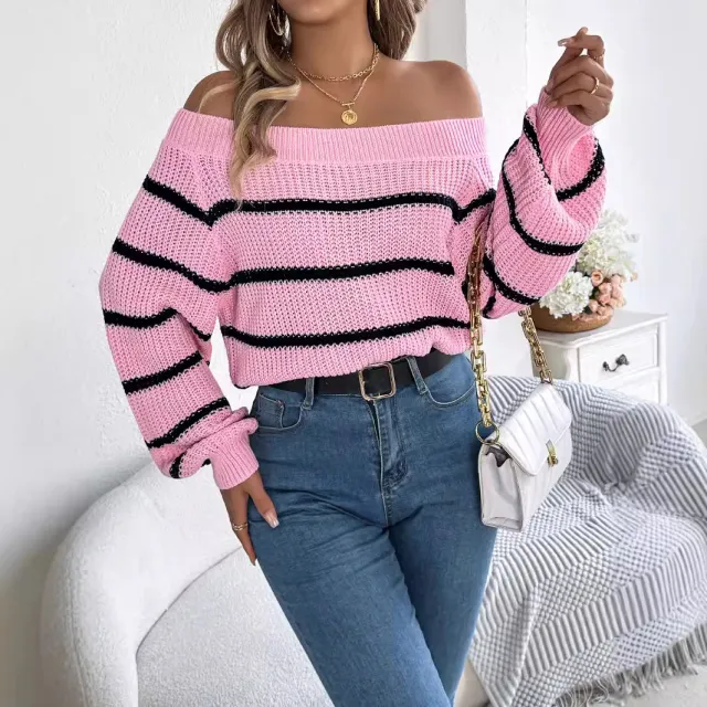 Casual Striped Off the shoulder Lantern Sleeve Pullover Pink - Shop at LoveMi