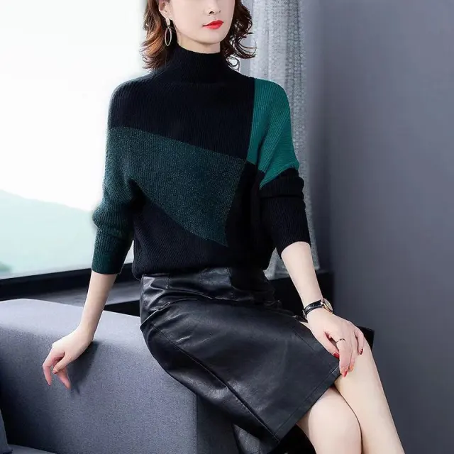 Women's Loose High Collar Color Matching Sweater Green - Shop at LoveMi