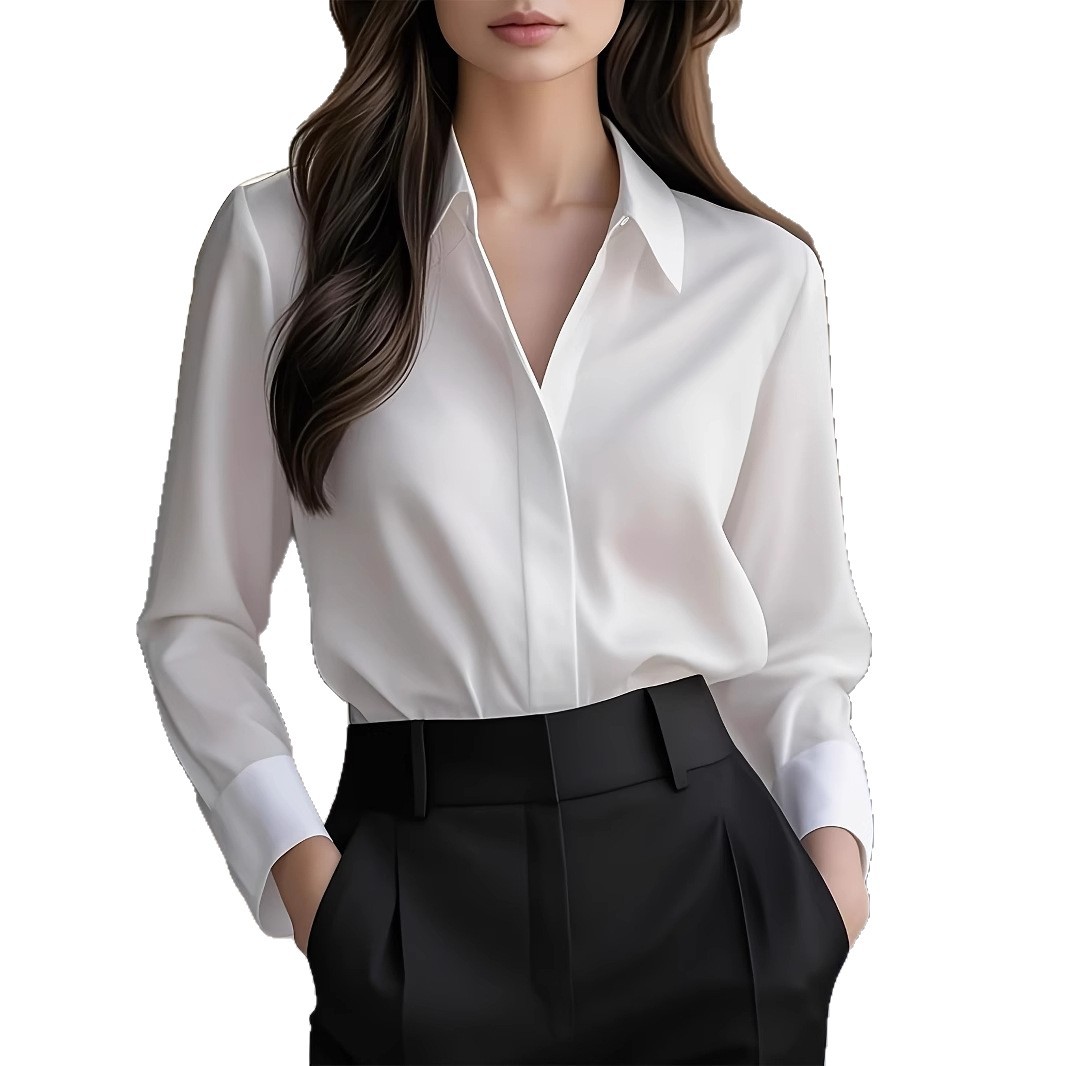 Long Sleeve Simple Blouse Lapel Versatile Loose - Image 3