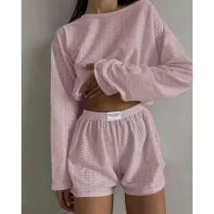Hollow Long-sleeved Suit With Loose Round-neck Tops And Elastic Split Shorts Fashion Women's Clothing - Pink - View 1