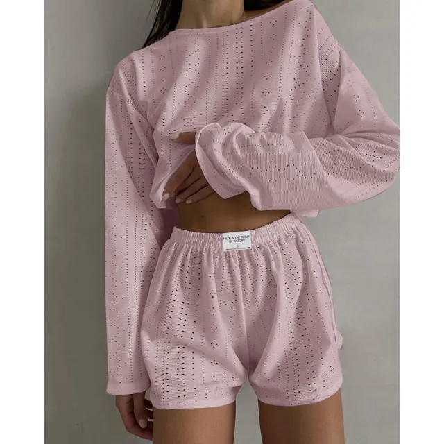 Hollow Long sleeved Suit With Loose Round neck Tops And Elastic Split Shorts Fashion Women's Clothing Pink - Shop at LoveMi