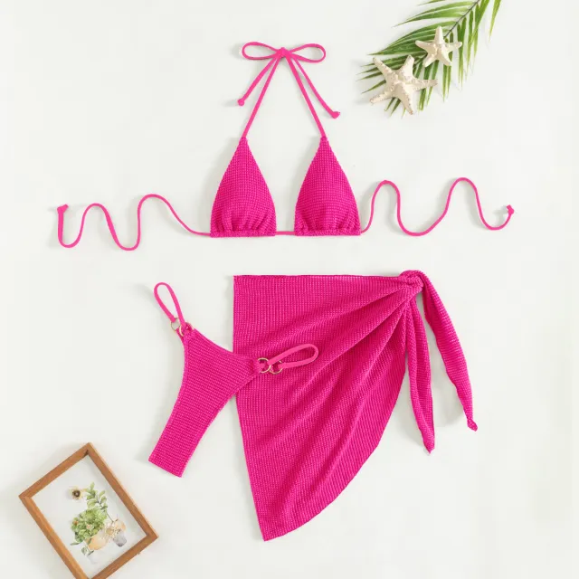 Drawstring Bandage Apron Mesh Three Piece Swimsuit Rose Red - Shop at LoveMi