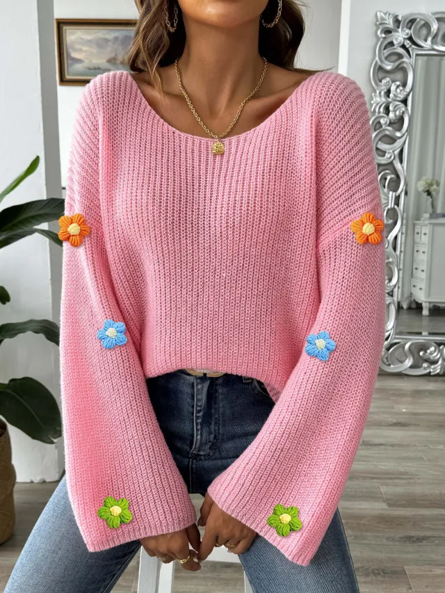 Womens Hand Crocheted Floral Patchwork Flare Sleeve Sweater Pink - Shop at LoveMi