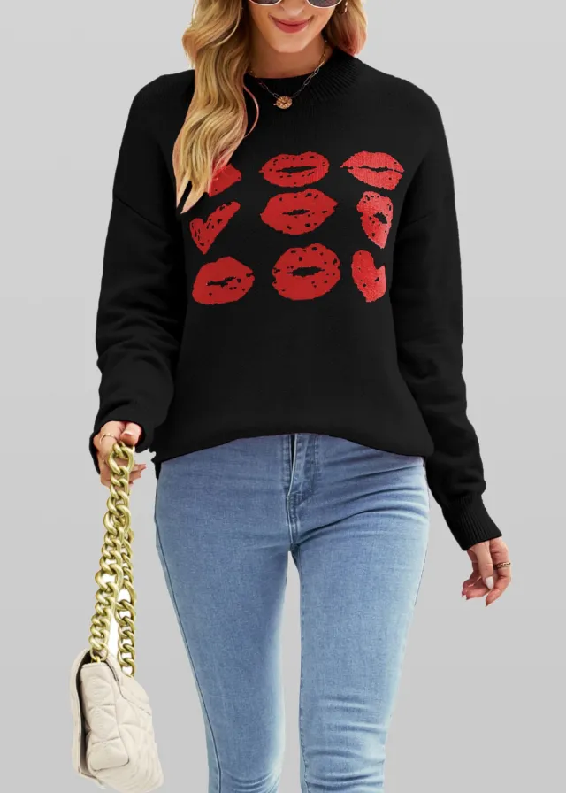 European And American Autumn Winter Love Lips Sweater Black - Shop at LoveMi