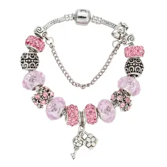 Fashion Big Hole Glass Bead Key Pendant Beaded Bracelet - Pink 17Cm - View 1