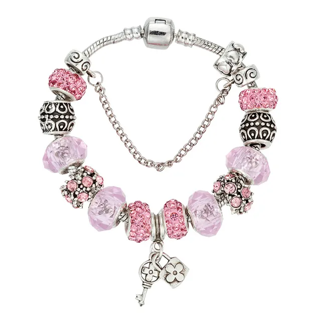 Fashion Big Hole Glass Bead Key Pendant Beaded Bracelet Pink 17Cm - Shop at LoveMi