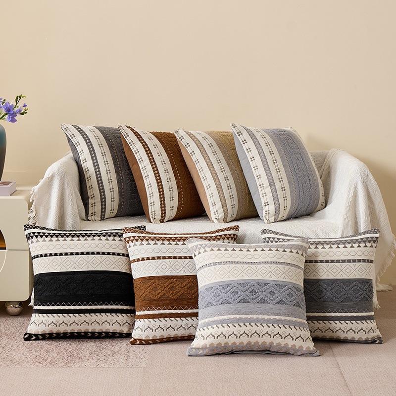 Retro Striped Geometric Jacquard Throw Pillow