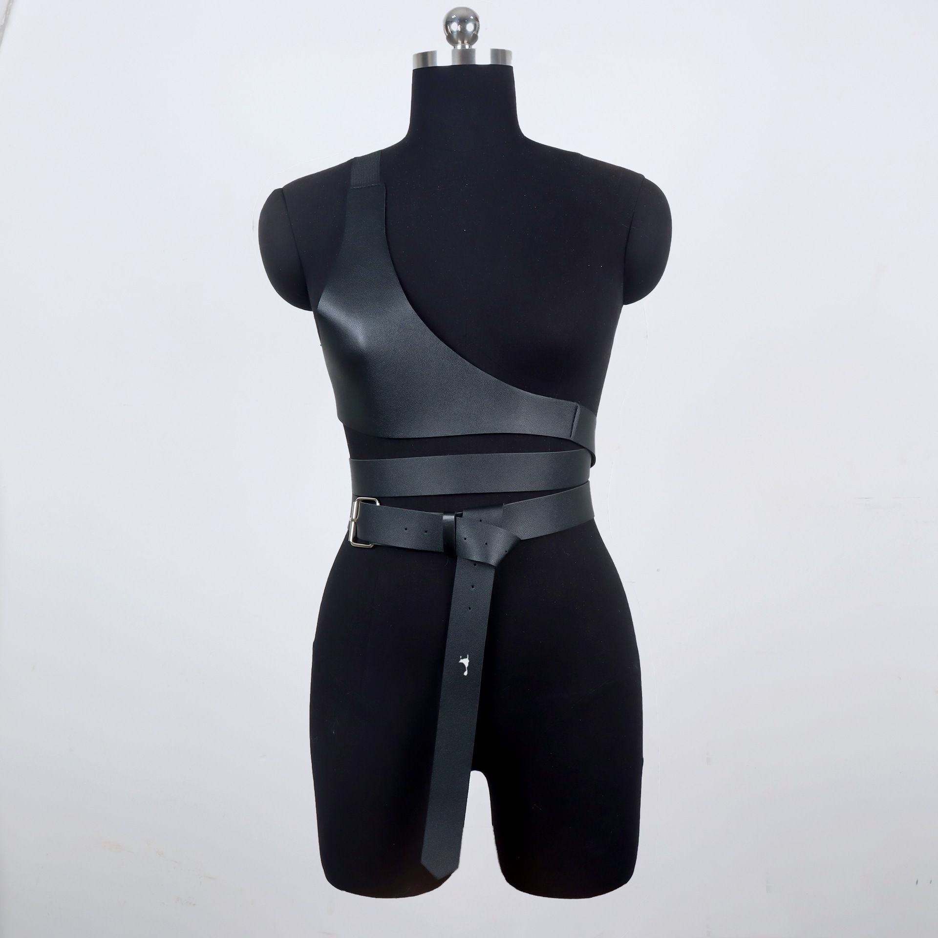 Fashion Lady Single Shoulder Corset Vest PU Leather Harajuku Style Asymmetric Slimming Tie Clothing Accessories Black 1 - Shop at LoveMi