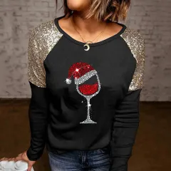 Women's Sequined Long-sleeved T-shirt - Black - View 1