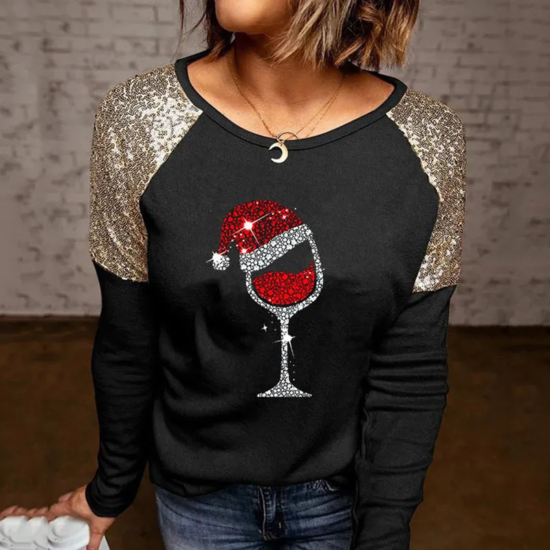 Women's Sequined Long-sleeved T-shirt - Black