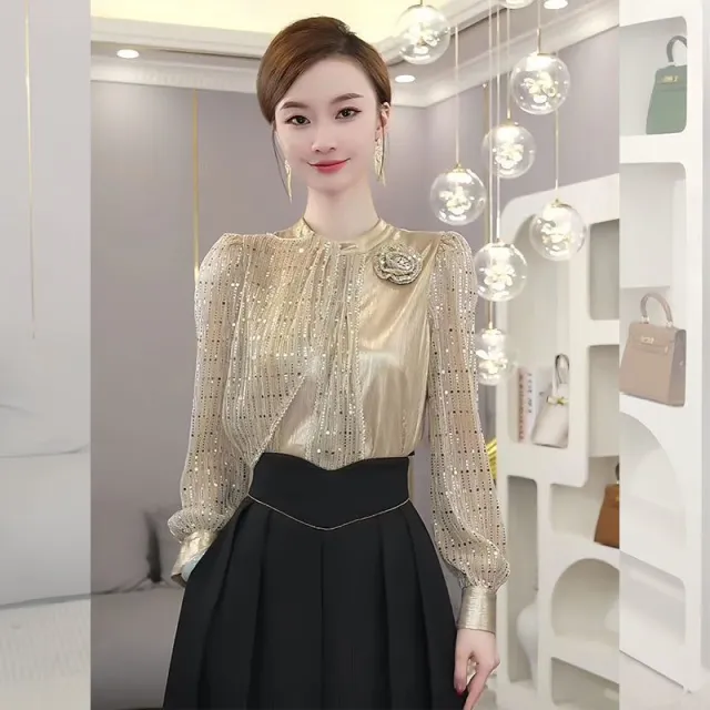 Early Autumn Top New Design Sense Anti aging Fashion Elegant Champagne White Long Sleeve Shirt Champagne - Shop at LoveMi