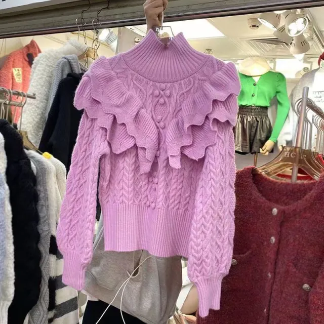 Pullover Knitted Top Ruffled Thick Turtleneck Sweater Purple - Shop at LoveMi