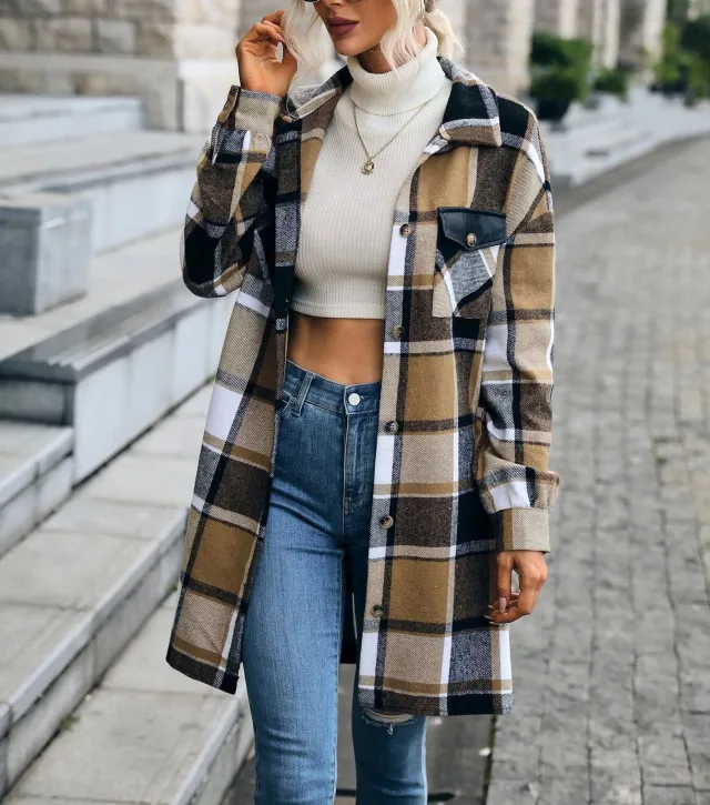 Women's Fashion Casual Plaid Printed Pocket Long Jacket Mixed Color L - Shop at LoveMi