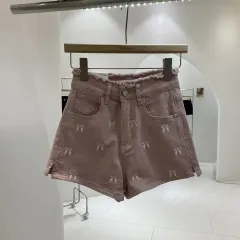 Slim Fit Burrs High Waist Denim Hot Pants Women's Summer Wide Leg Shorts - Pink - View 1