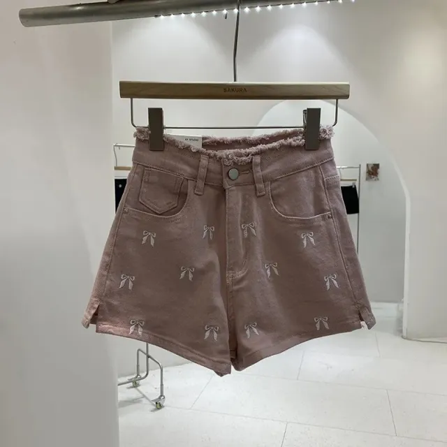 Slim Fit Burrs High Waist Denim Hot Pants Women's Summer Wide Leg Shorts Pink - Shop at LoveMi