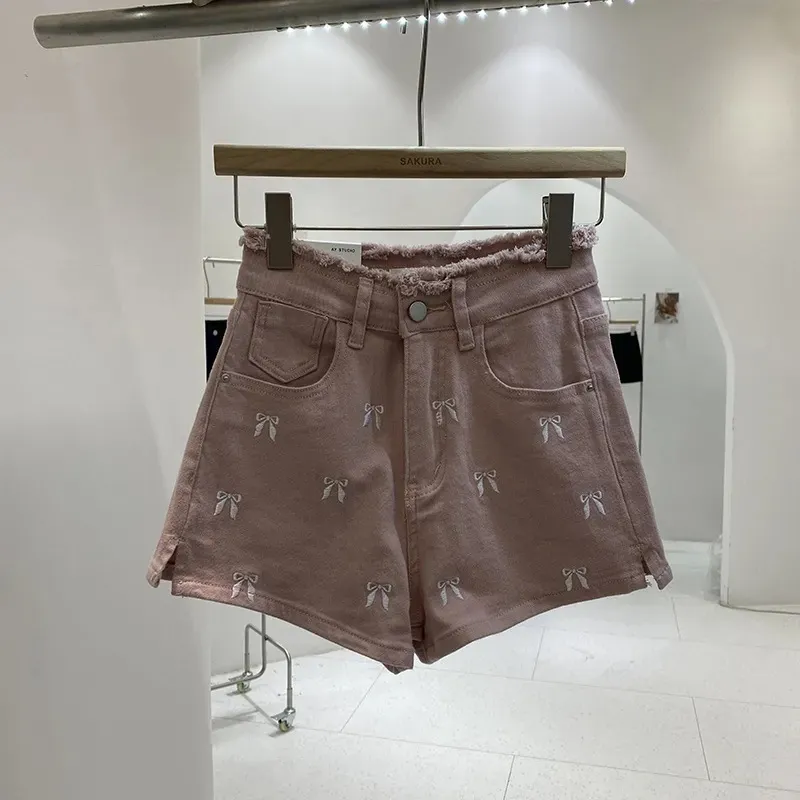 Slim Fit Burrs High Waist Denim Hot Pants Women's Summer Wide Leg Shorts - Pink