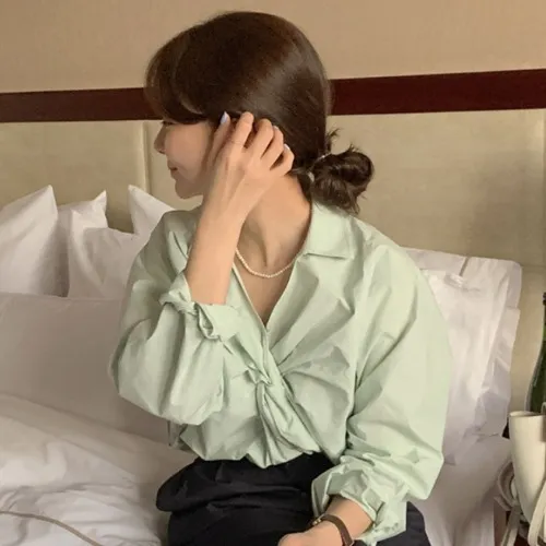 French Lapel Loose Temperament Women's Long sleeved Shirt Green - Shop at LoveMi