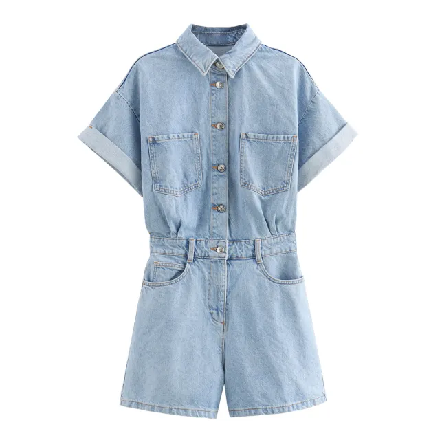 Lapel Multi color Short Sleeve Denim Jumpsuit Blue - Shop at LoveMi