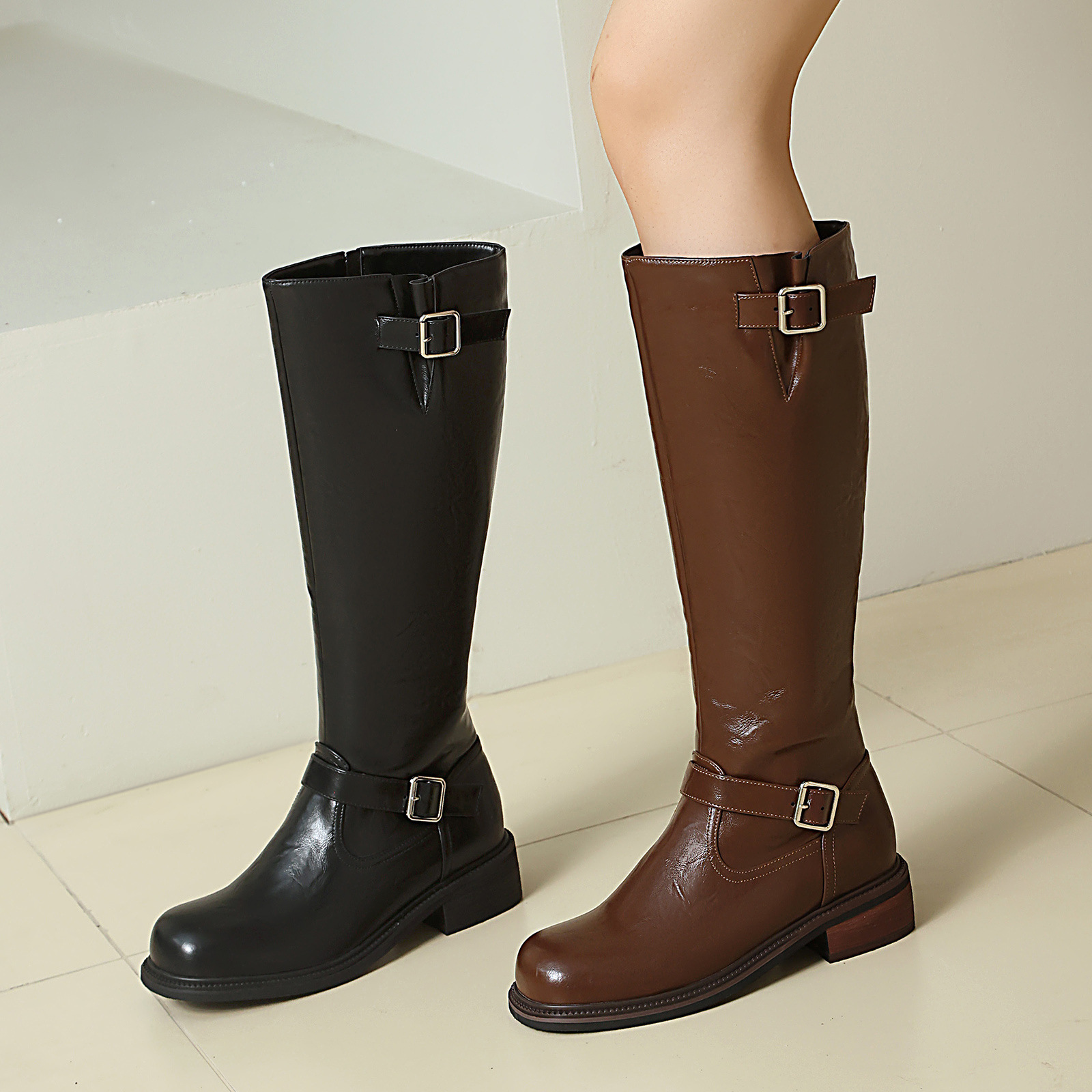 Wide-calf Straight-leg Metal-buckle Tall Boots