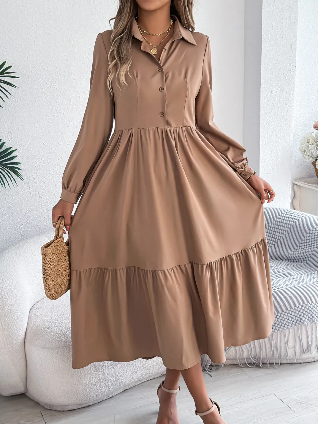 Women's Lapel Casual Loose Long Sleeve Ruffled Shirt Dresses Long Sleeved Turn-down Collar Single-Breasted Dress Spring Autumn Fashion Women's Clot...