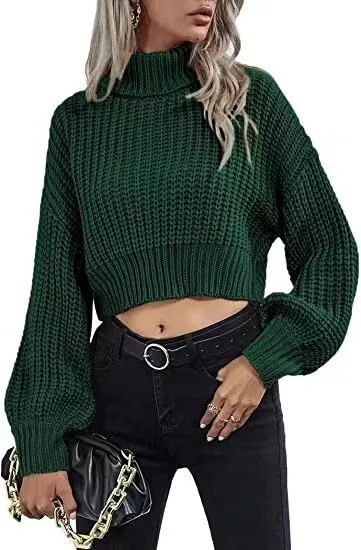 Turtleneck Midriff baring Knitted Sweater Short Green - Shop at LoveMi