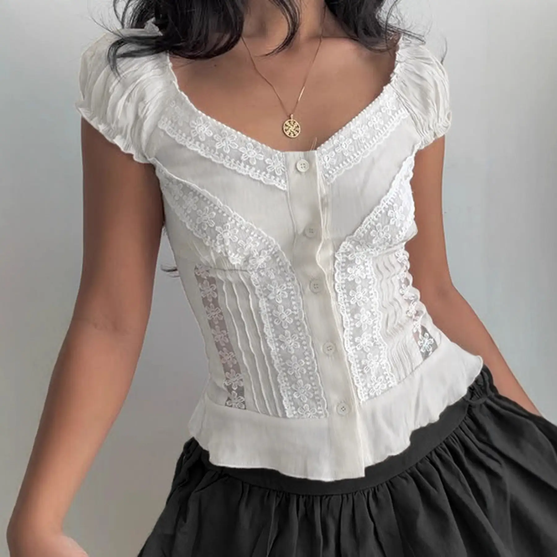 Lace-panelled Puffed-sleeve Shirt V-neck Short Belted Top
