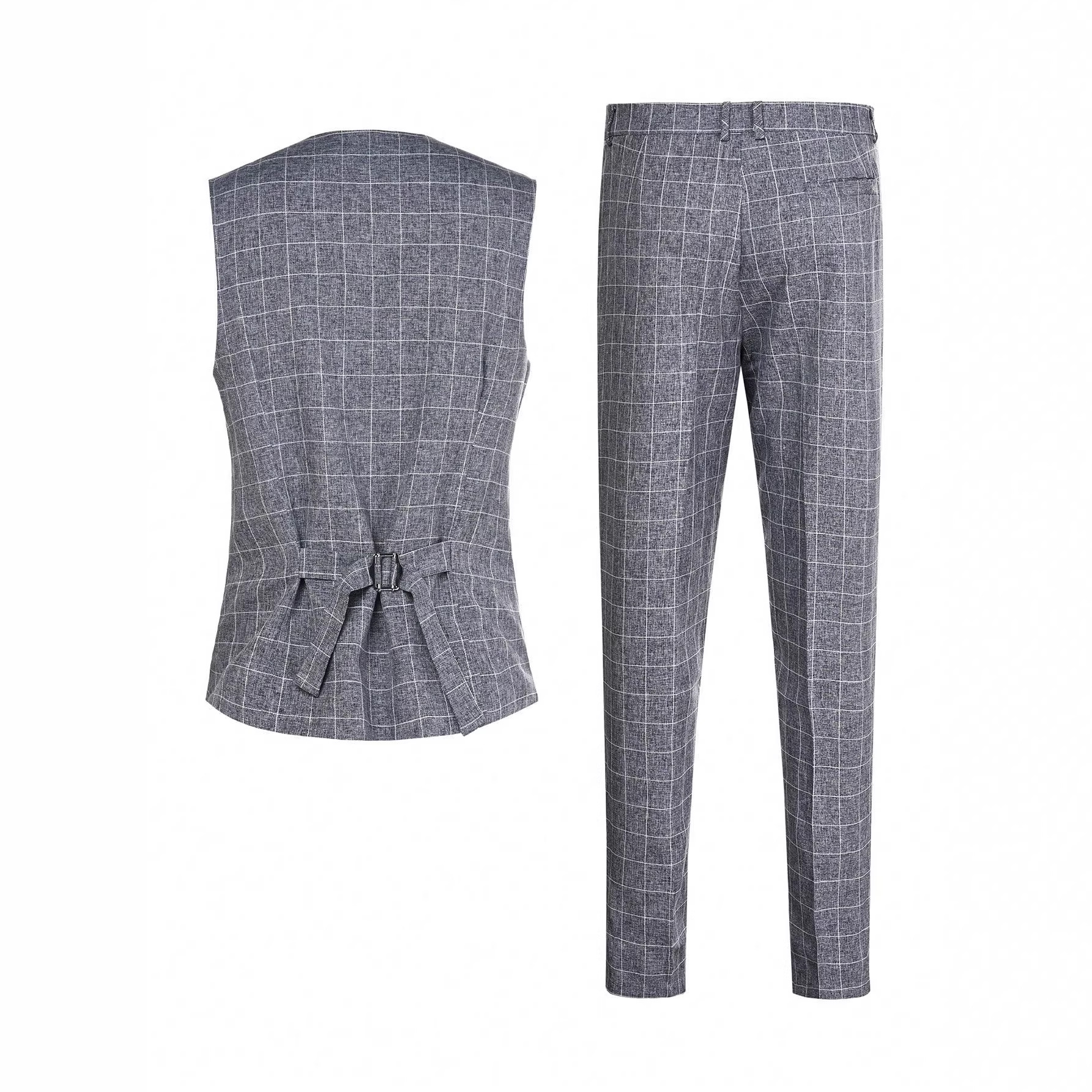Mens Light Business Plaid Waistcoat And Dress Pants Two-Piece Suit 4
