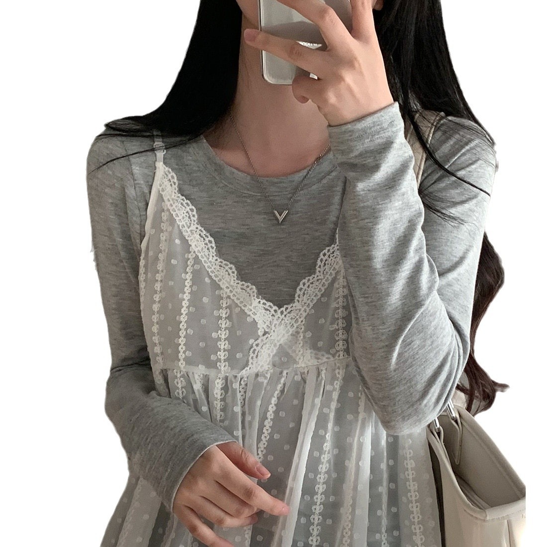 Spring New French Sweet Versatile V-neck Lace Vest Dress