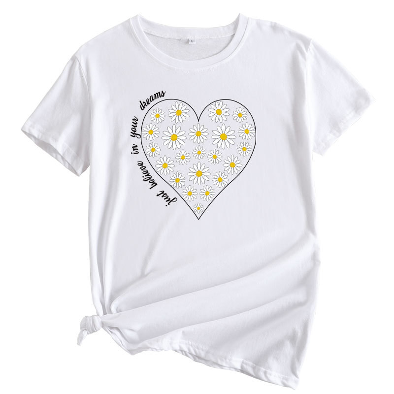 Women's Daisy Printed Cotton Round Neck Short Sleeve T-shirt