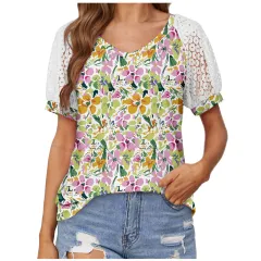 V-neck Lace Stitching Casual T-shirt For Women - Printing Four-L - View 1