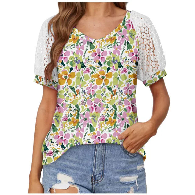 V neck Lace Stitching Casual T shirt For Women Printing Four Xxl - Shop at LoveMi
