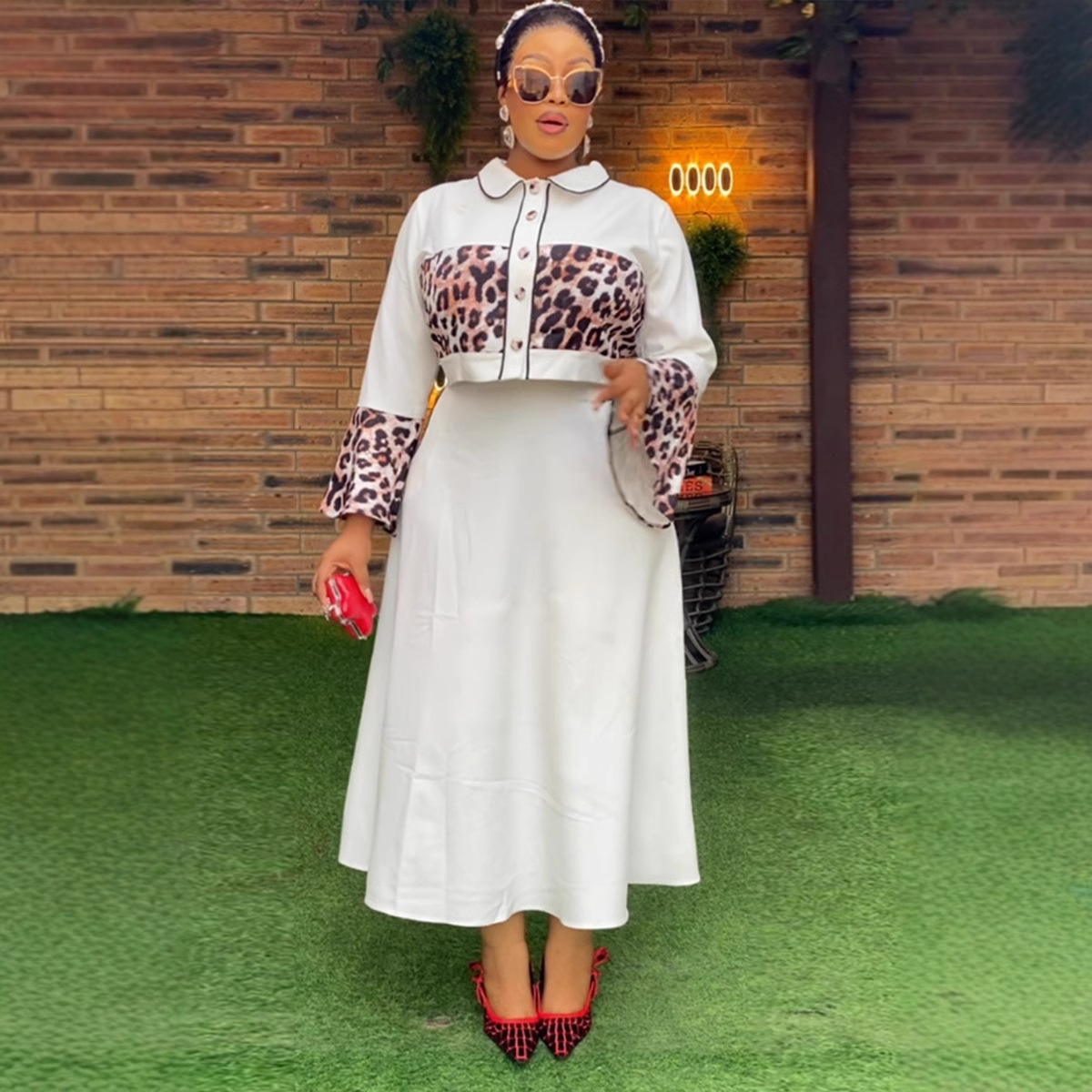 Leopard Print Patchwork Top Long Dress Suit